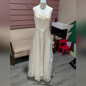 Vintage Styled Cream Organza Beaded Gown